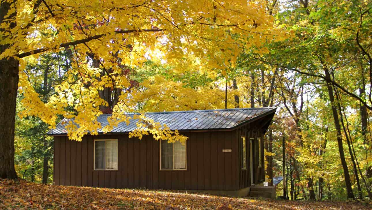 A brown summer camp cabin in the woods of Iowa.